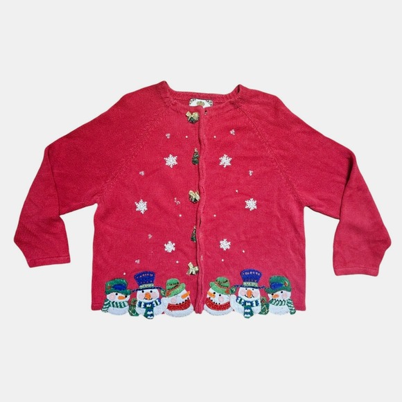 Tiara International Sweater Womens Red Christmas Beaded Snowman Appliques Size L - Picture 1 of 15